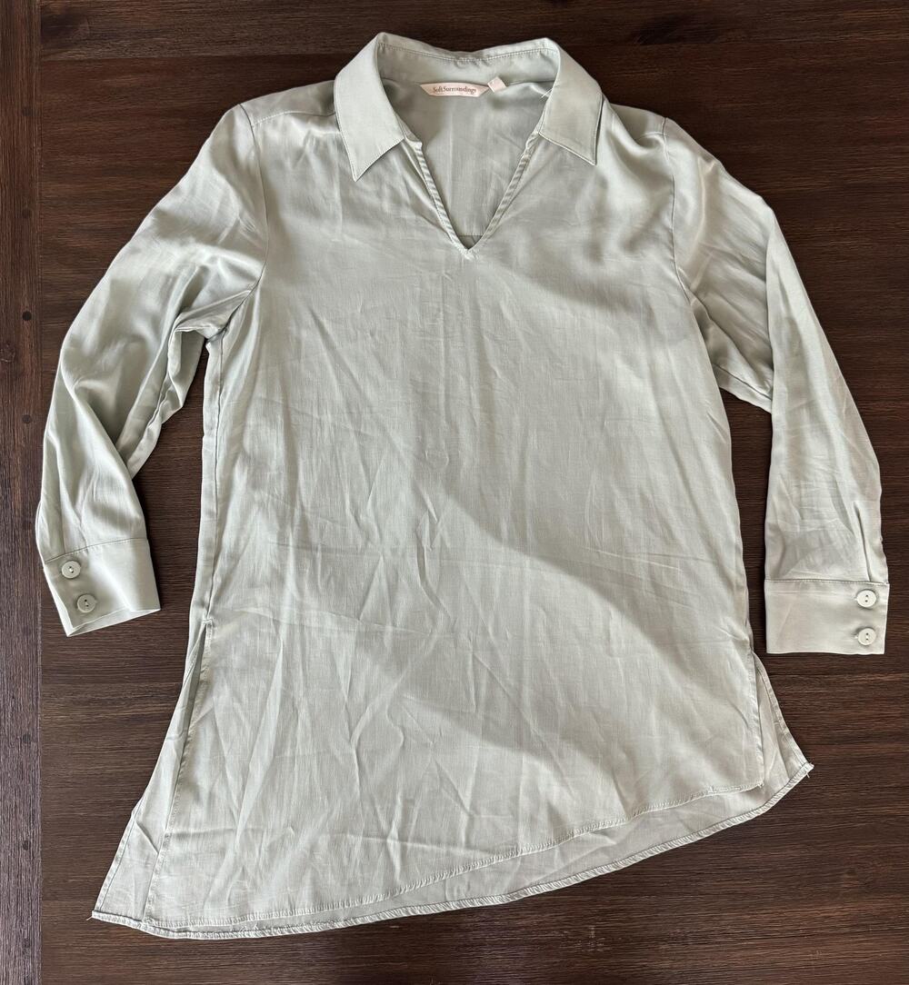 Soft Surroundings Tunic Shirt Womens PXS Sage Green Split Neck Long Sleeve